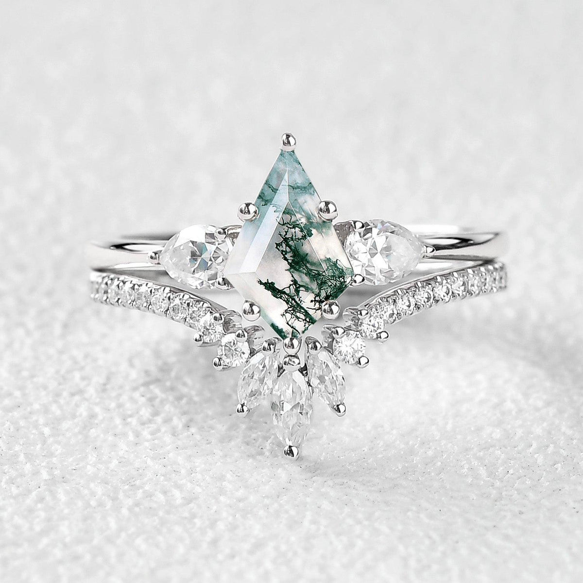 Kite Cut Green Moss Agate White Gold Engagement Ring Set 2pcs.