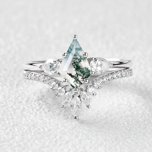 Kite Cut Green Moss Agate White Gold Engagement Ring Set 2pcs.