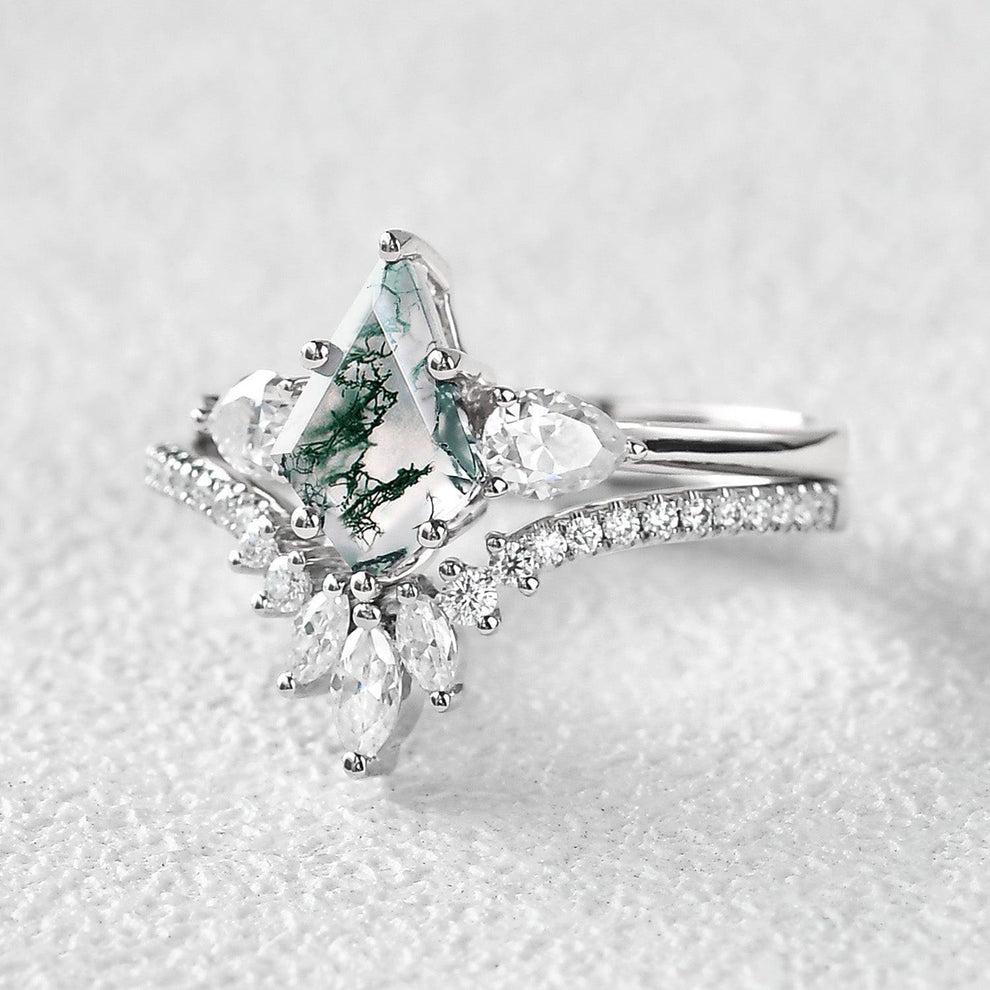 Kite Cut Green Moss Agate White Gold Engagement Ring Set 2pcs.