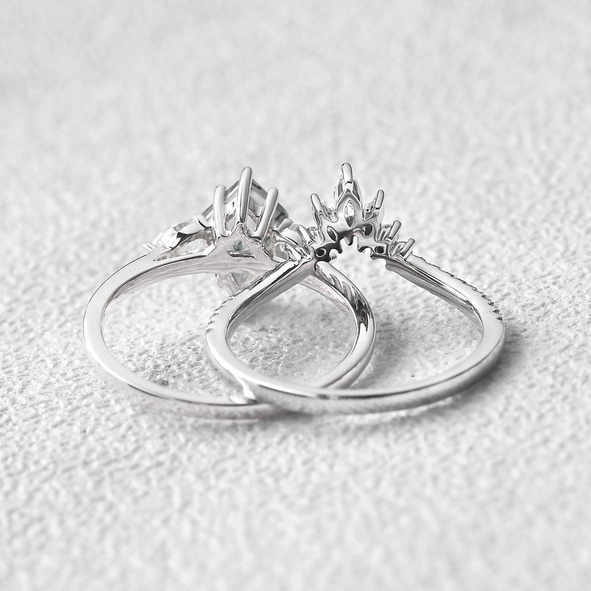 Kite Cut Green Moss Agate White Gold Engagement Ring Set 2pcs.
