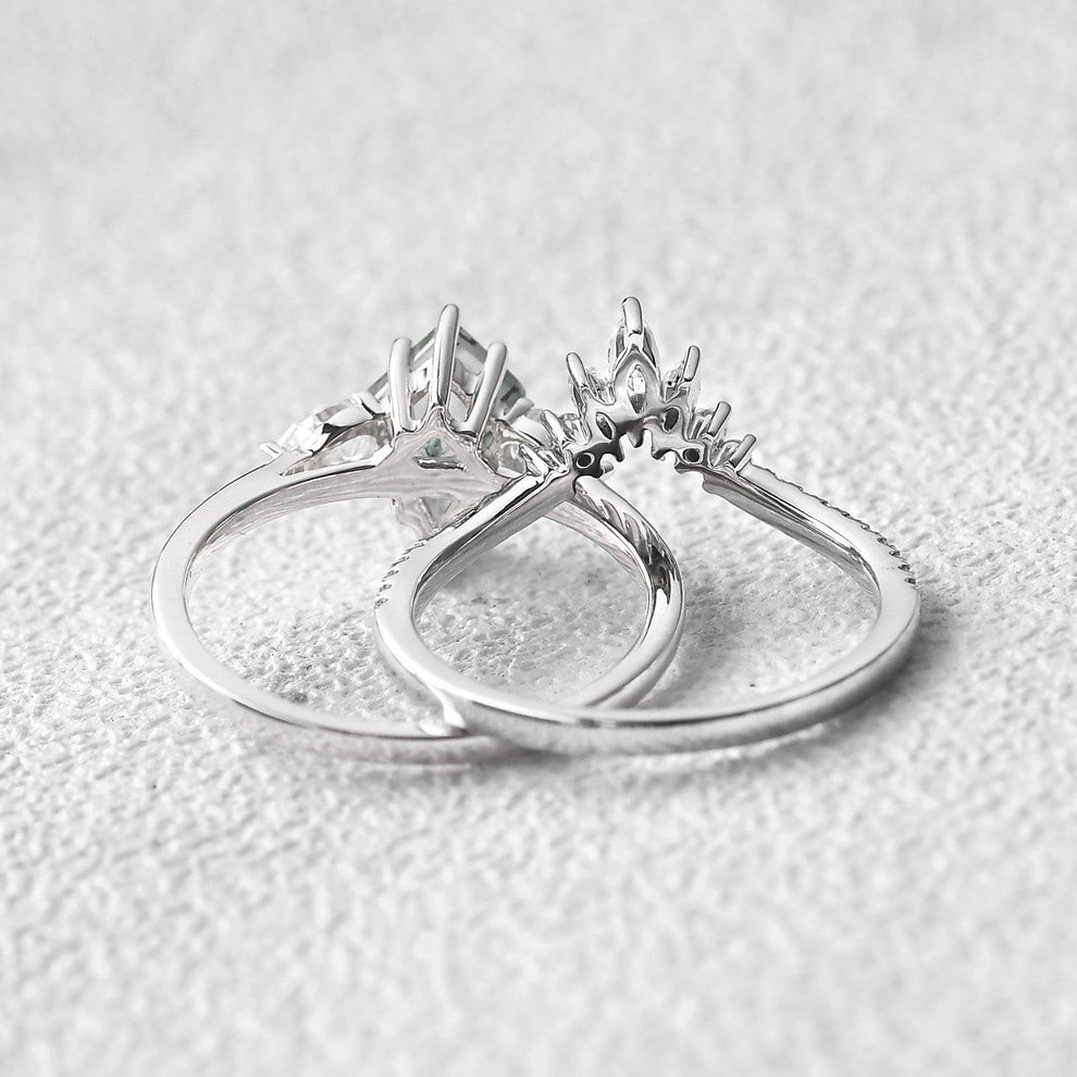 Kite Cut Green Moss Agate White Gold Engagement Ring Set 2pcs.