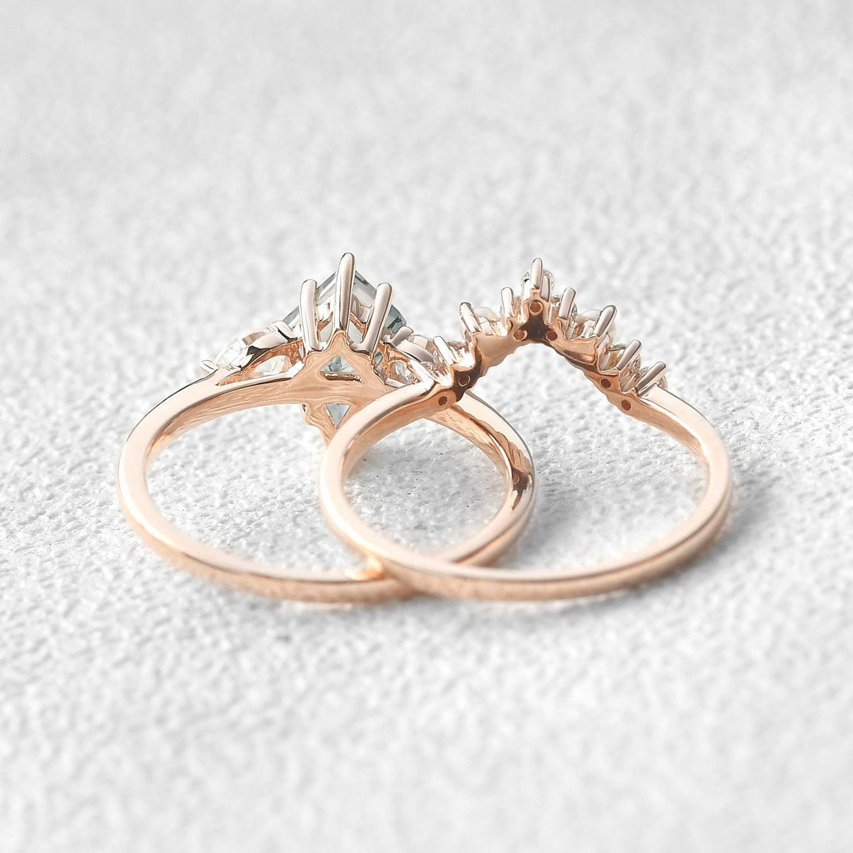 Kite Cut Moss Agate Pearl Stacking Engagement Ring Set 2pcs.