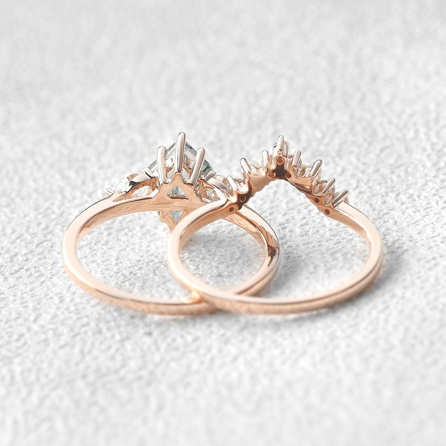 Kite Cut Moss Agate Pearl Stacking Engagement Ring Set 2pcs.