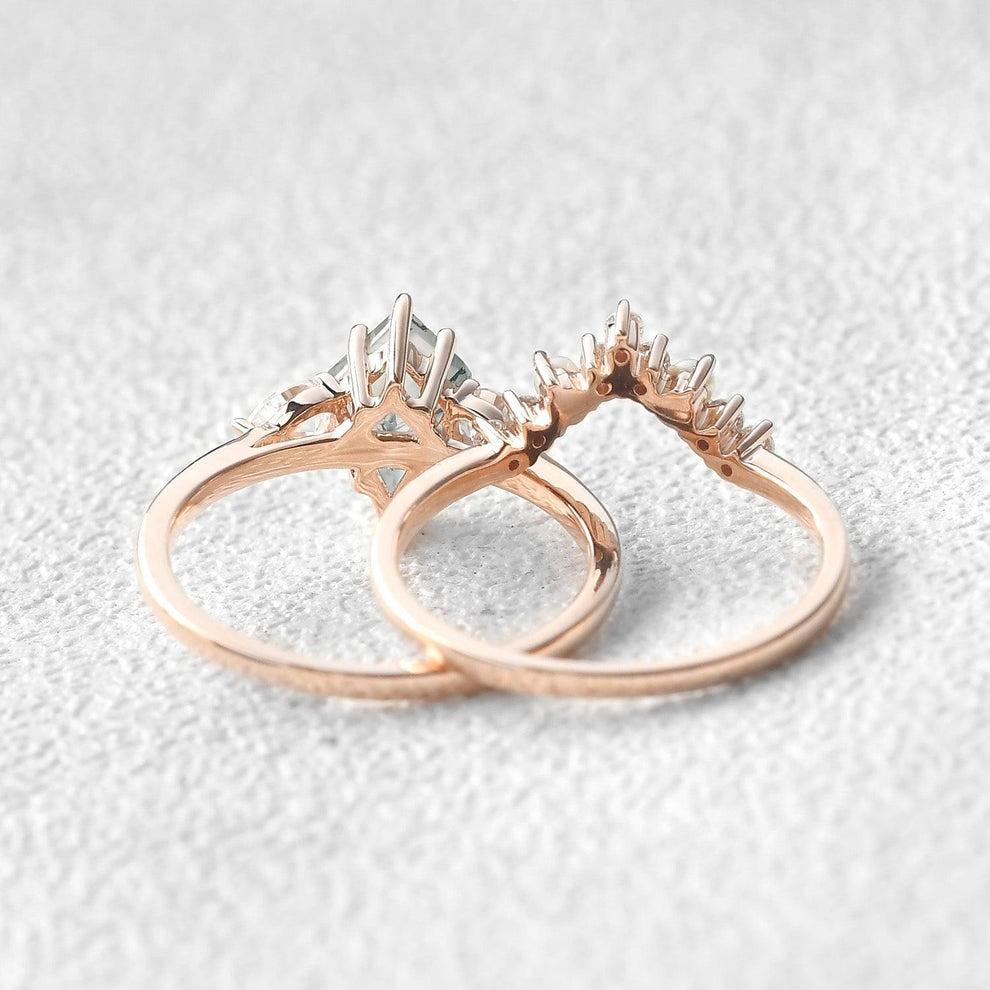 Kite Cut Moss Agate Pearl Stacking Engagement Ring Set 2pcs.