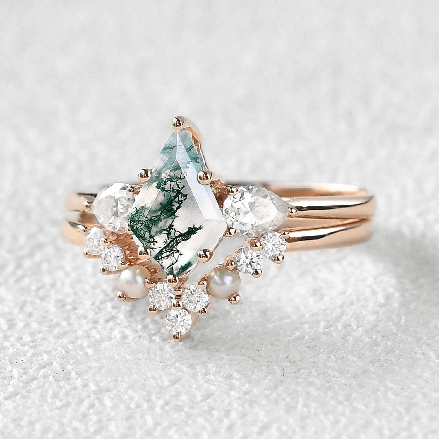 Kite Cut Moss Agate Pearl Stacking Engagement Ring Set 2pcs.