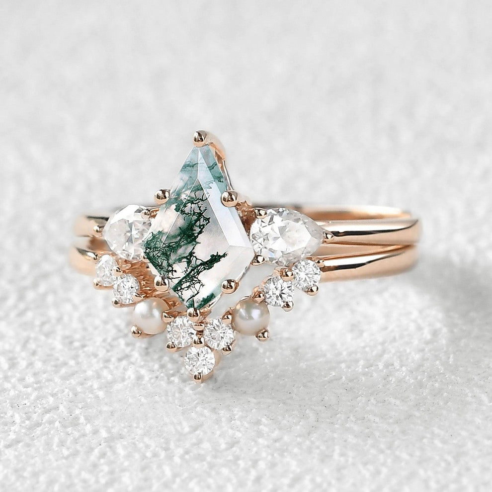 Kite Cut Moss Agate Pearl Stacking Engagement Ring Set 2pcs.