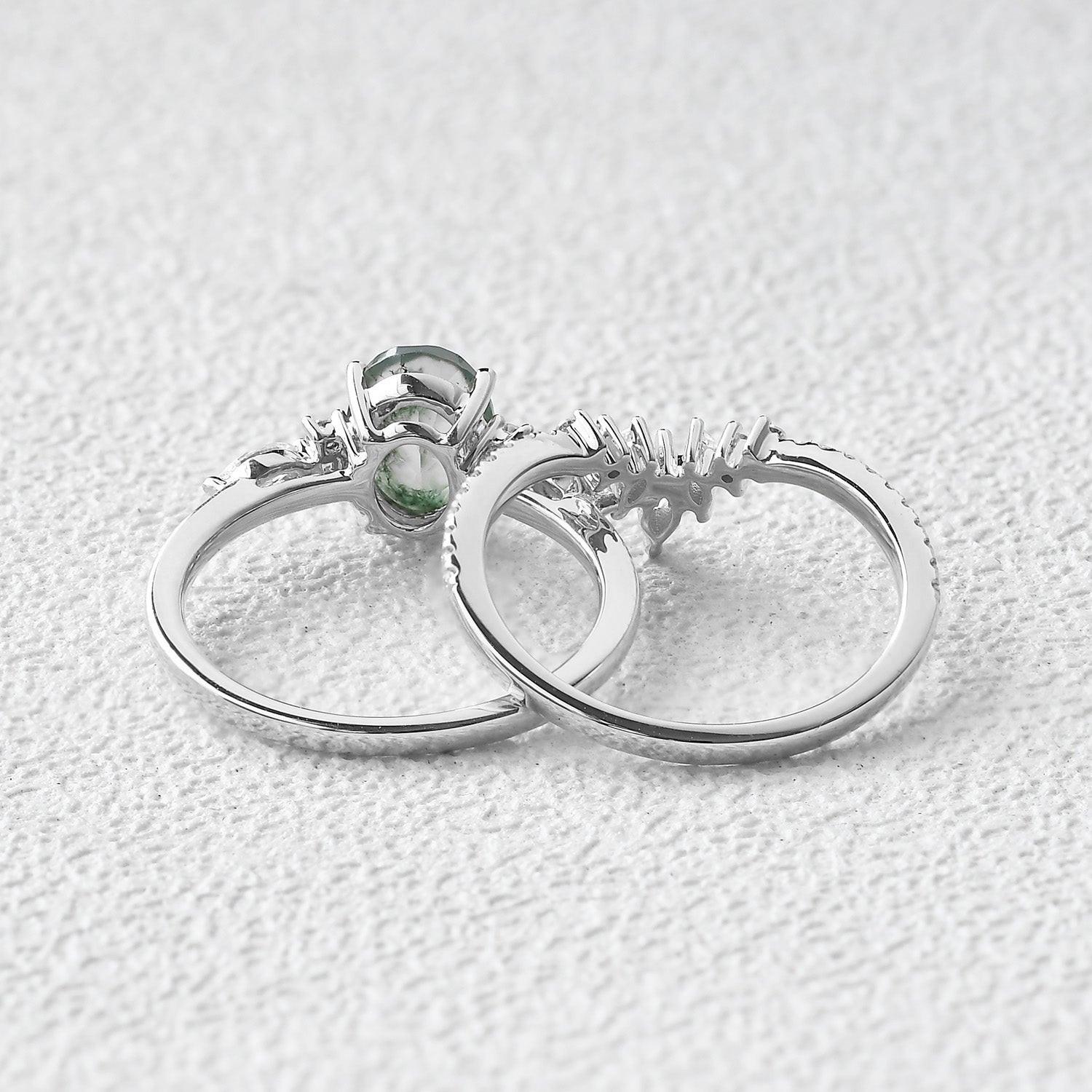 Rebecca 1.5ct Oval Cut Moss Agate Engagement Ring Set 2pcs.