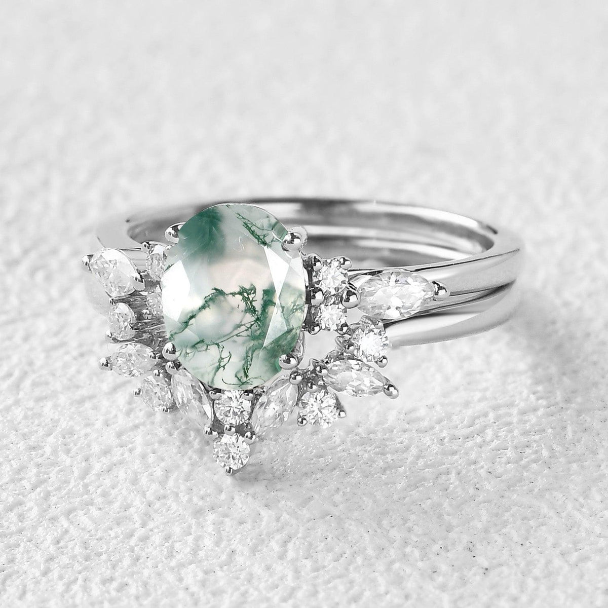 Melisande’s Echo | Oval Cut Moss Agate Bridal Set 2pcs.