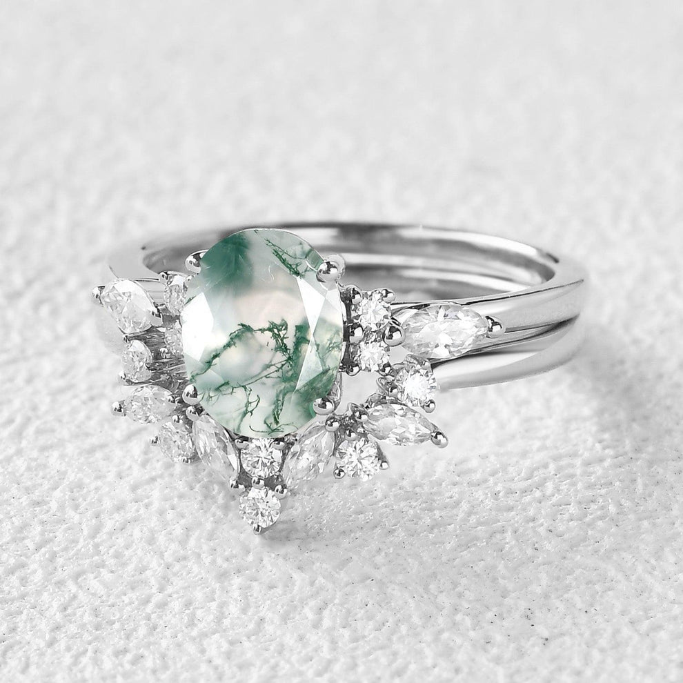 Melisande’s Echo | Oval Cut Moss Agate Bridal Set 2pcs.