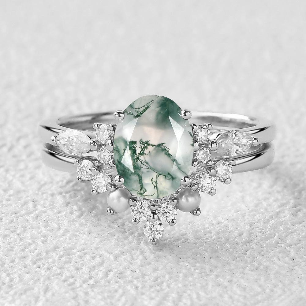 1.5ct Oval Cut Moss Agate Stacking Pearl Engagement Ring Set 2pcs.