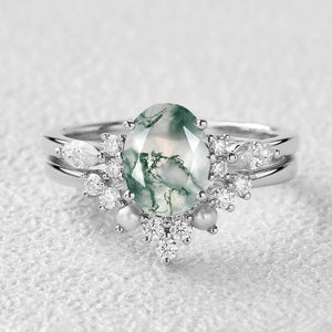 1.5ct Oval Cut Moss Agate Stacking Pearl Engagement Ring Set 2pcs.