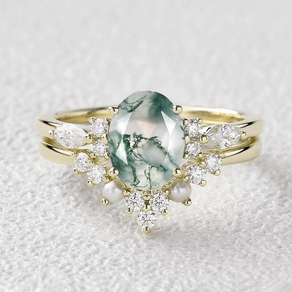 1.5ct Oval Cut Moss Agate Stacking Pearl Engagement Ring Set 2pcs.