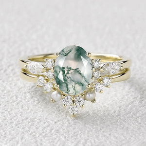 1.5ct Oval Cut Moss Agate Stacking Pearl Engagement Ring Set 2pcs.