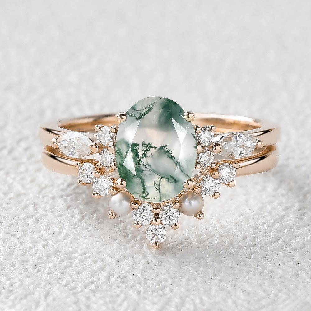 1.5ct Oval Cut Moss Agate Stacking Pearl Engagement Ring Set 2pcs.