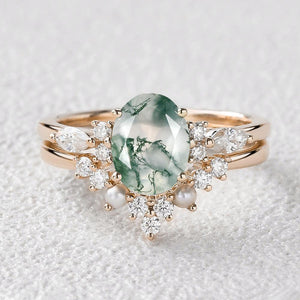 1.5ct Oval Cut Moss Agate Stacking Pearl Engagement Ring Set 2pcs.