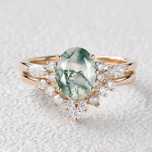 1.5ct Oval Cut Moss Agate Stacking Pearl Engagement Ring Set 2pcs.