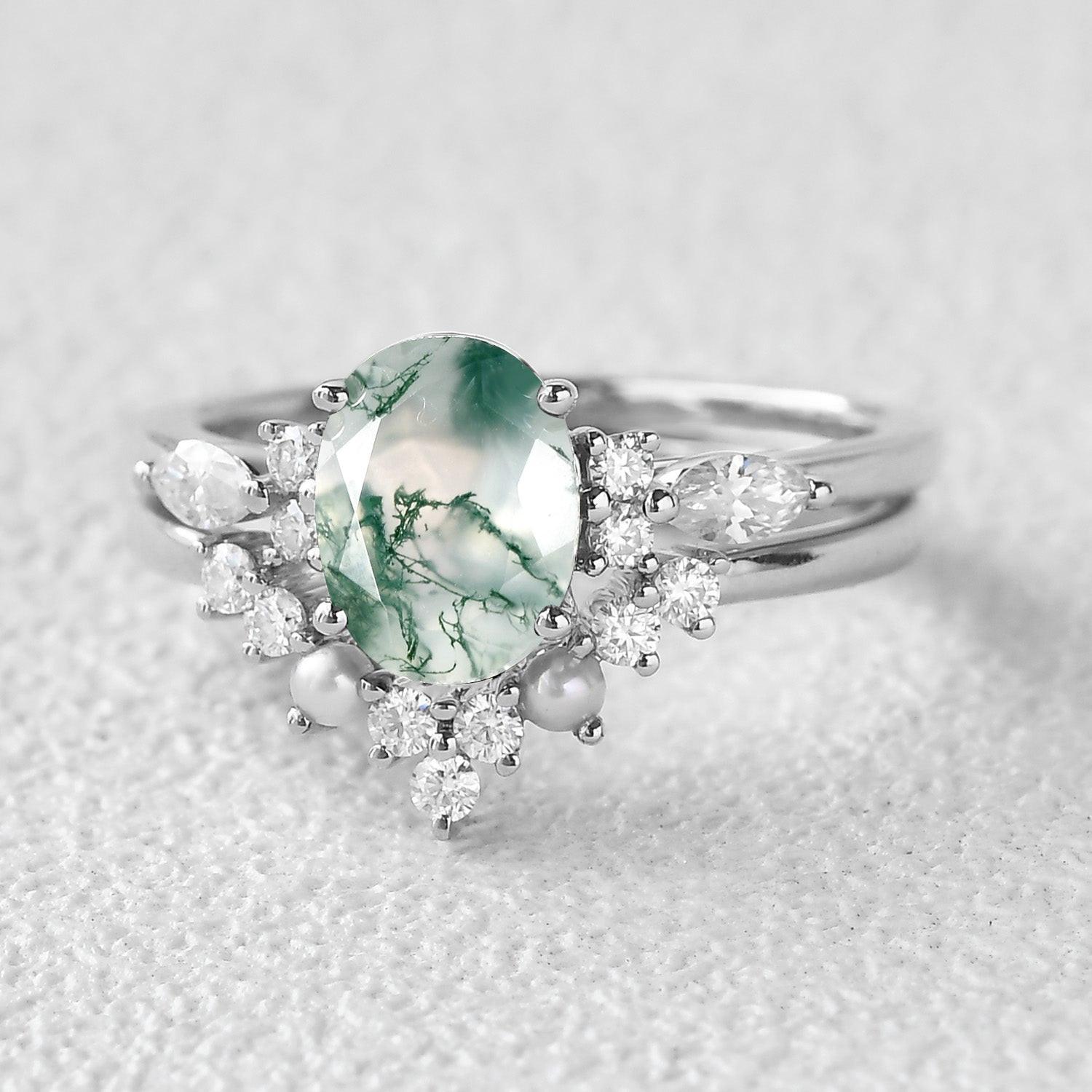 1.5ct Oval Cut Moss Agate Stacking Pearl Engagement Ring Set 2pcs.