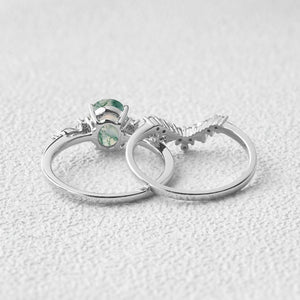 1.5ct Oval Cut Moss Agate Stacking Pearl Engagement Ring Set 2pcs.