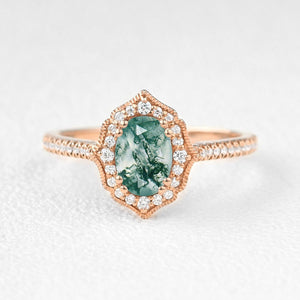 Oval Moss Agate White Gold Antique Halo Engagement Ring.