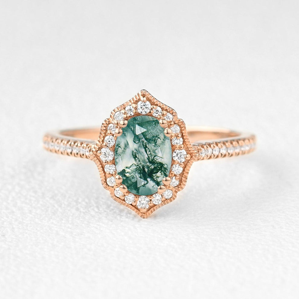 Oval Moss Agate White Gold Antique Halo Engagement Ring.