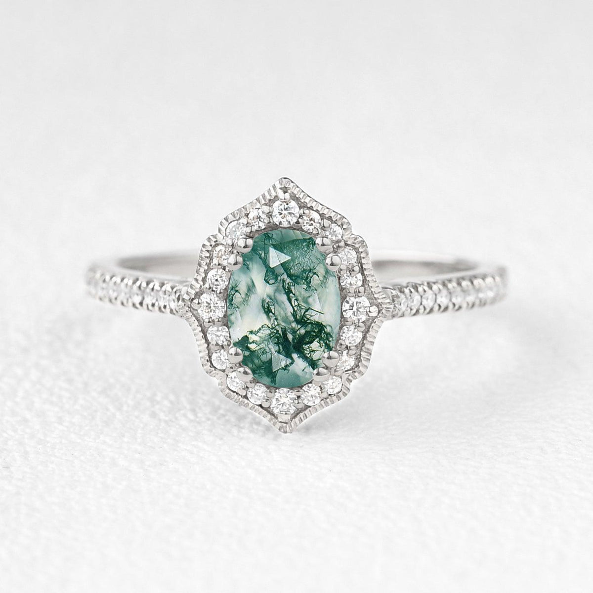 Oval Moss Agate White Gold Antique Halo Engagement Ring.