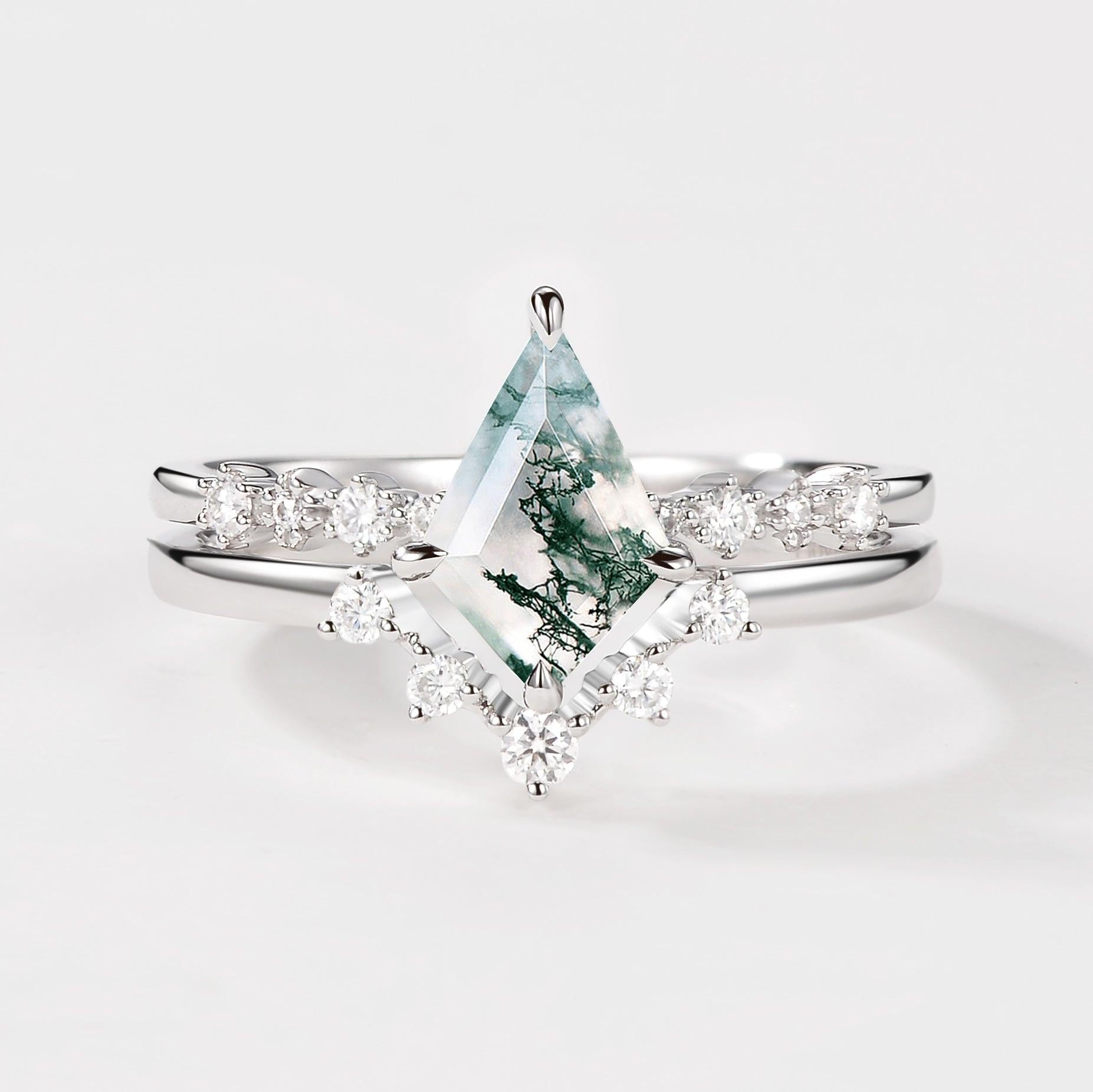 Vintage 1.5ct  Moss Agate Engagement Ring Set 2pcs.