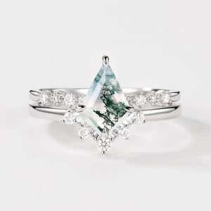 Vintage 1.5ct  Moss Agate Engagement Ring Set 2pcs.