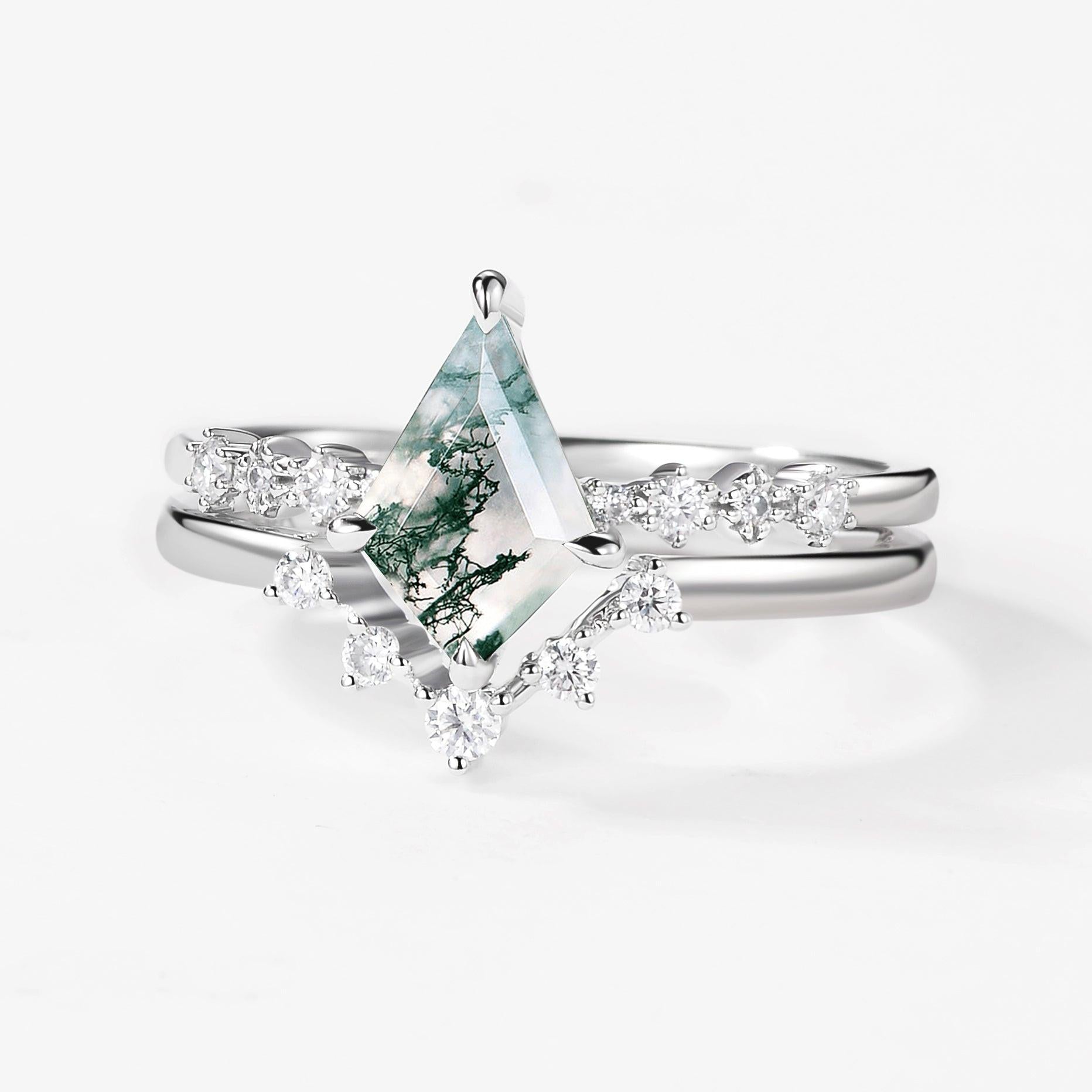 Vintage 1.5ct  Moss Agate Engagement Ring Set 2pcs.