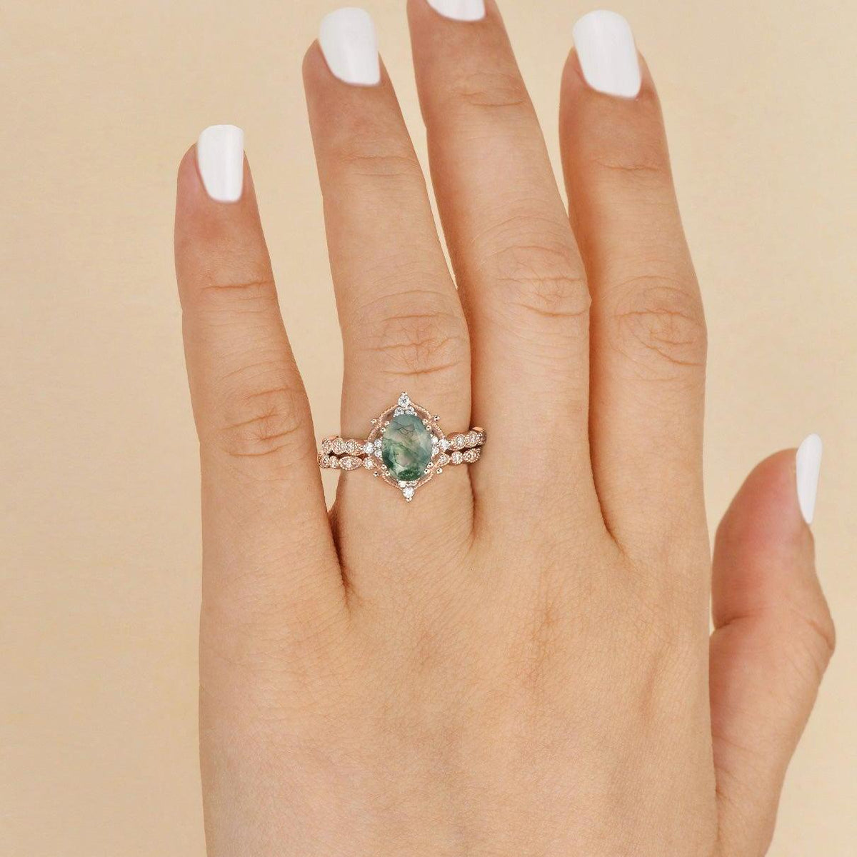 Camellia’s Cameo | Oval Moss Agate Cluster Vintage Bridal Set 2pcs.