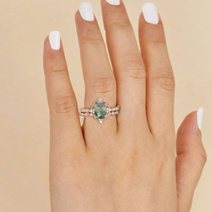 Camellia’s Cameo | Oval Moss Agate Cluster Vintage Bridal Set 2pcs.