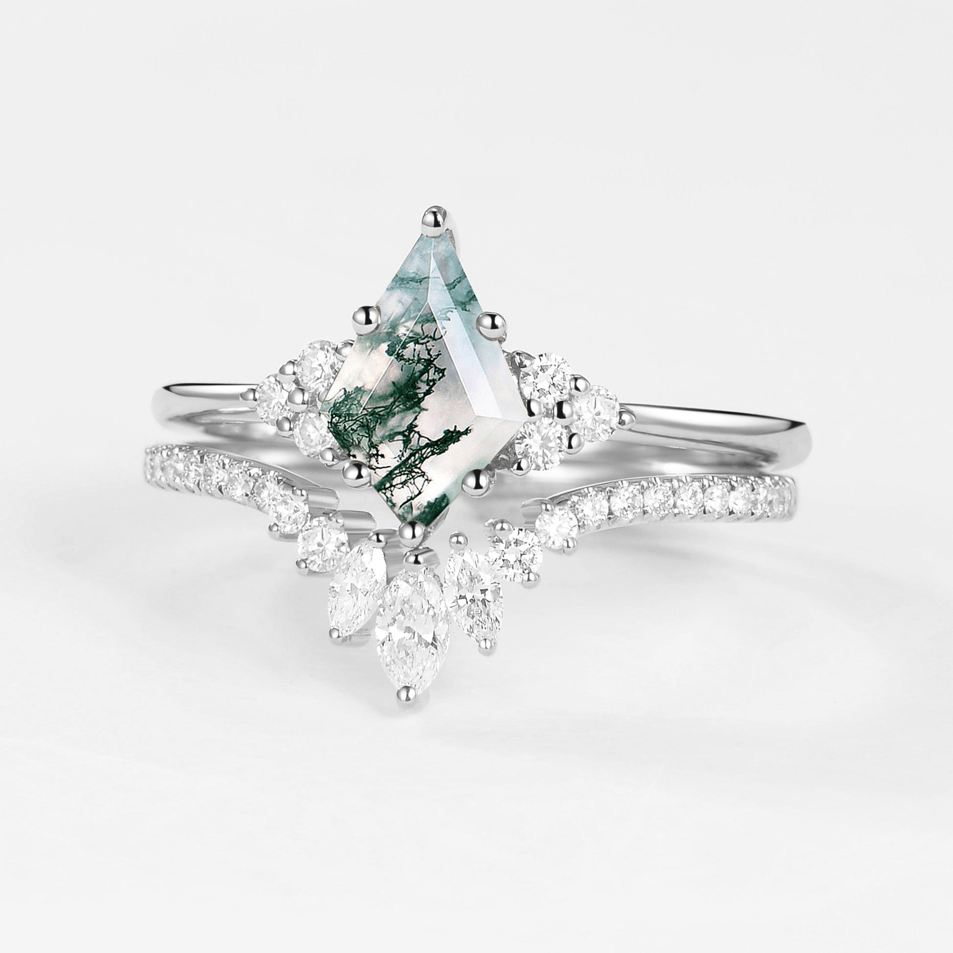Elara’s Grove | Kite Cut Moss Agate Engagement Ring Set 2pcs