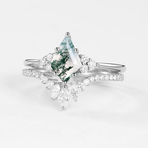 Elara’s Grove | Kite Cut Moss Agate Engagement Ring Set 2pcs