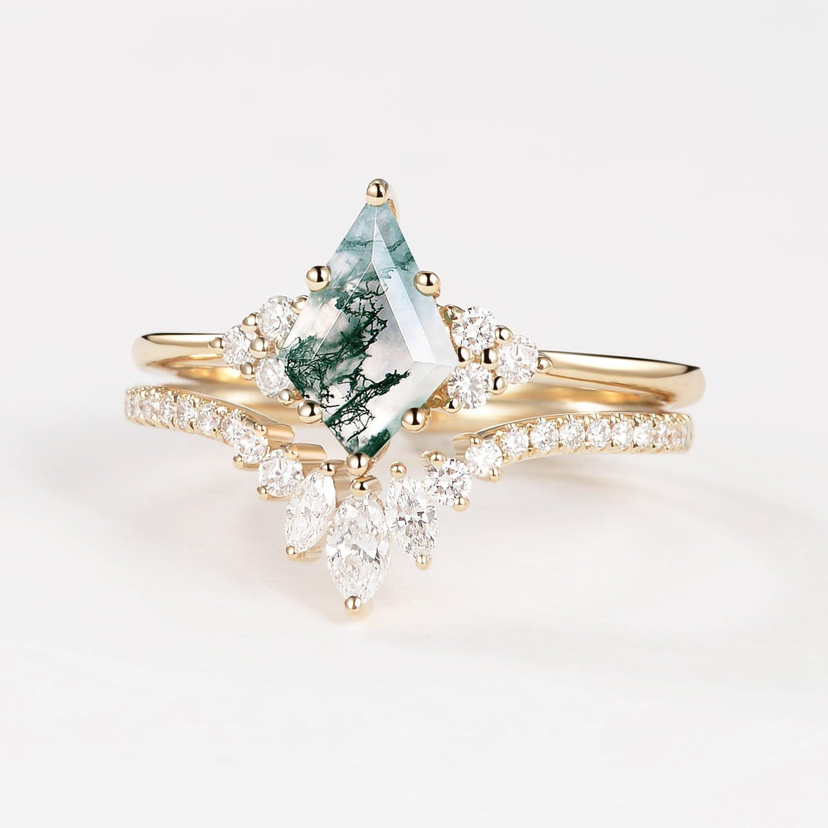 Elara’s Grove | Kite Cut Moss Agate Engagement Ring Set 2pcs.