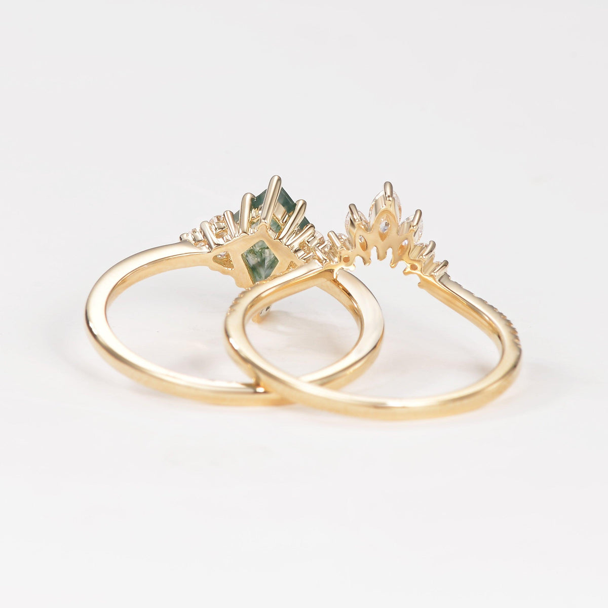 Elara’s Grove | Kite Cut Moss Agate Engagement Ring Set 2pcs.