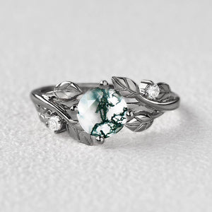 Black Gold Round Shaped Leaf Moss Agate Engagement Ring - Gardenia.