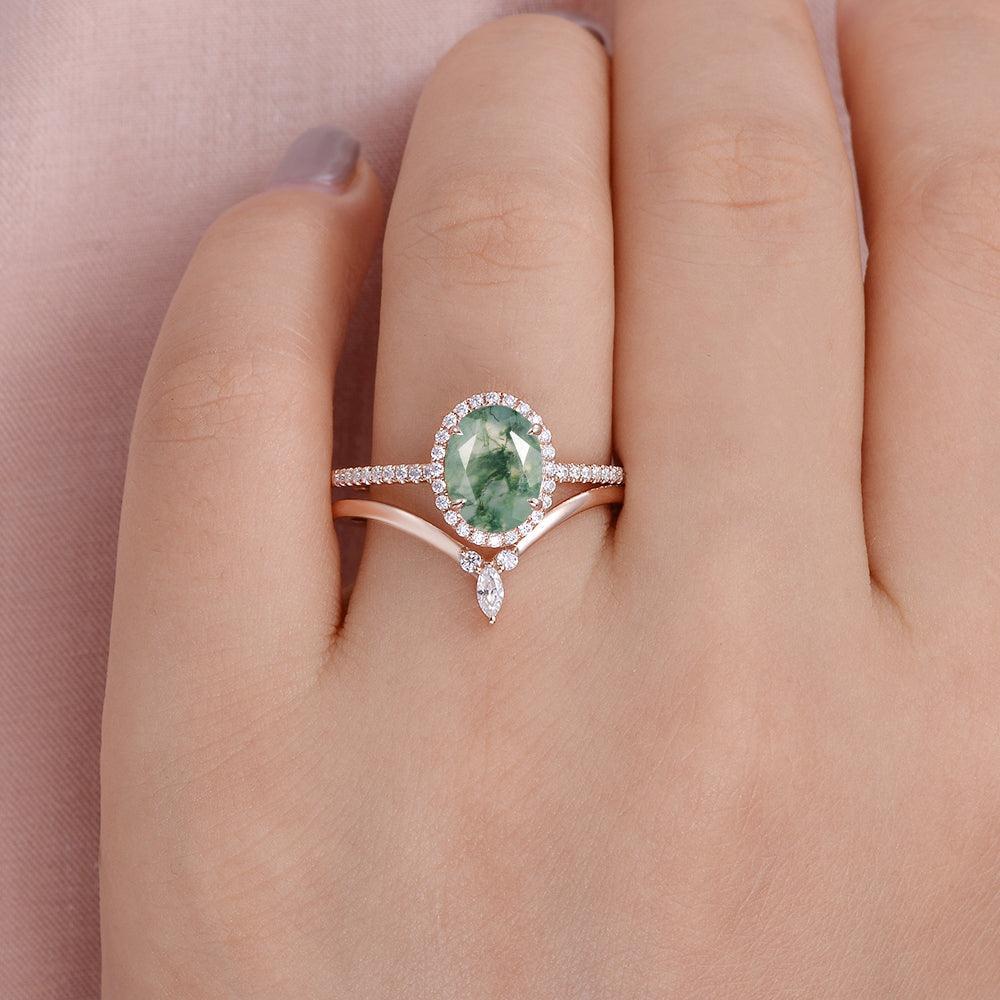 Oval Cut Moss Agate Halo Rose Gold Ring Set 2pcs.