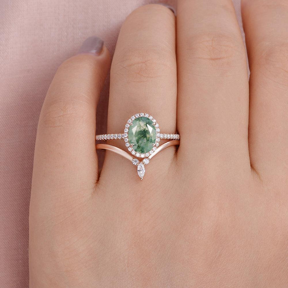 Oval Cut Moss Agate Halo Rose Gold Ring Set 2pcs.