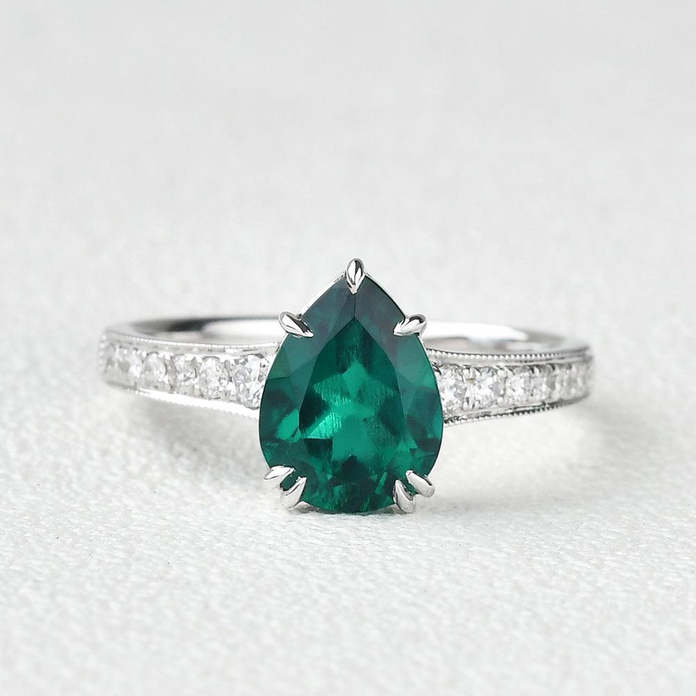 Olive’s Whisper | 1.5CT Classic Pear Cut Lab Emerald Engagement Ring.