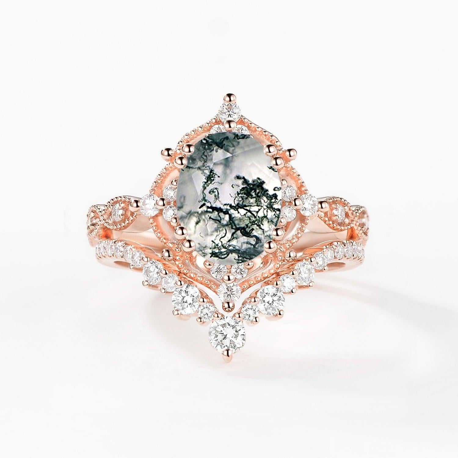 Charlotte 2.0CT Signature Vintage Moss Agate Big Ring Set 2pcs.