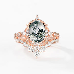 Charlotte 2.0CT Signature Vintage Moss Agate Big Ring Set 2pcs.