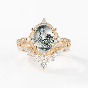 Charlotte 2.0CT Signature Vintage Moss Agate Big Ring Set 2pcs.