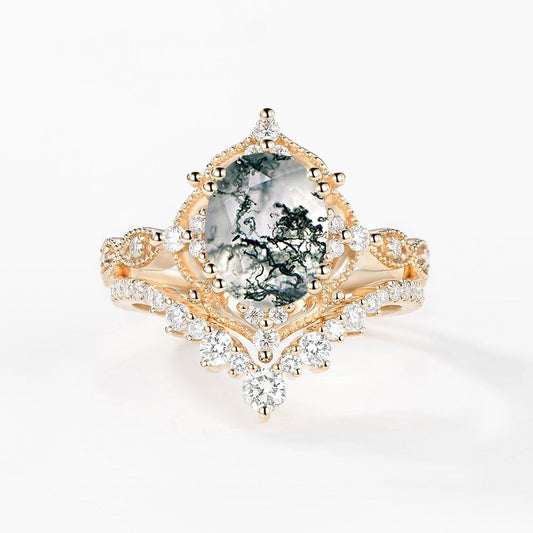 Charlotte 2.0CT Signature Vintage Moss Agate Big Ring Set 2pcs.