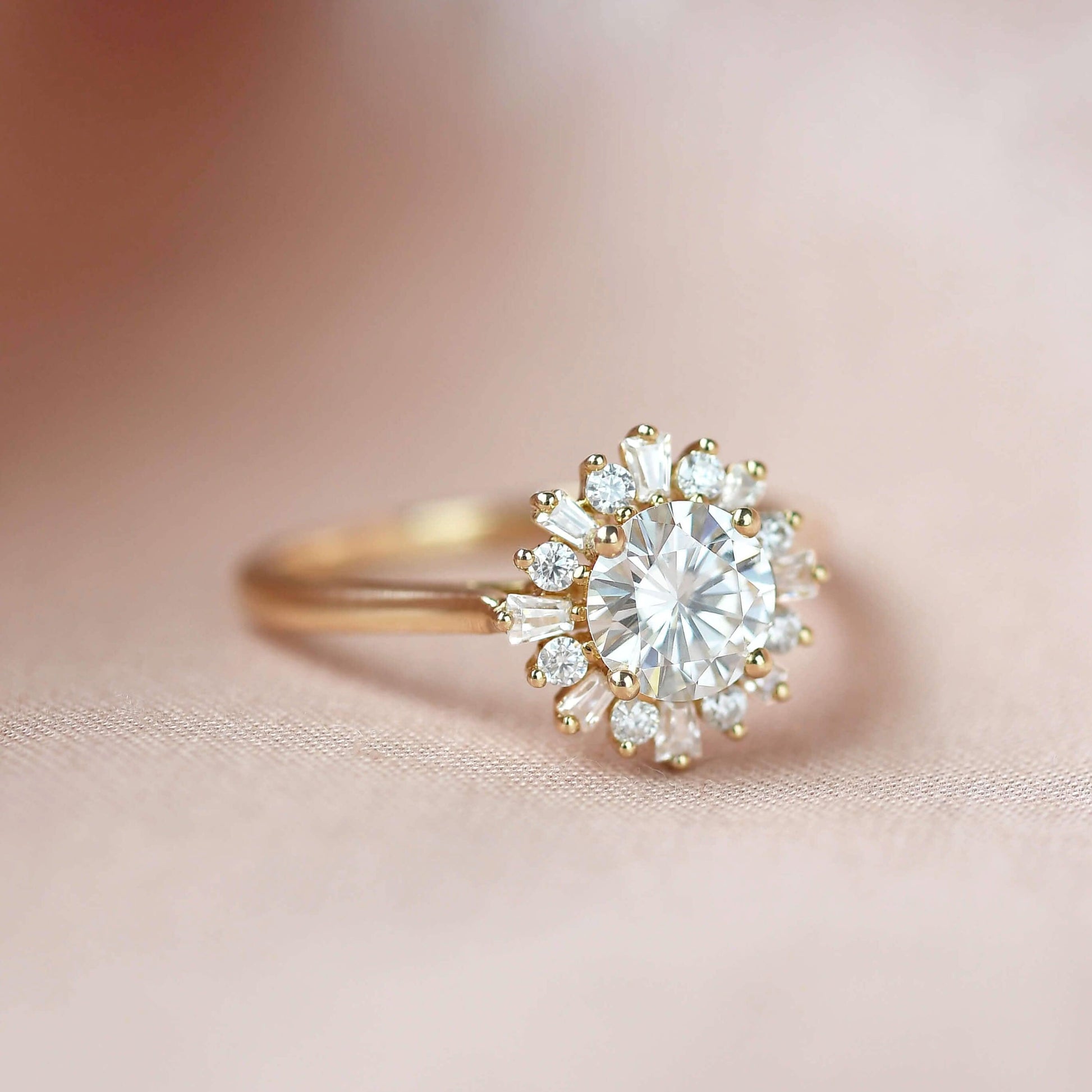 Sunflower Moissanite Halo Yellow Gold Inspired Ring.