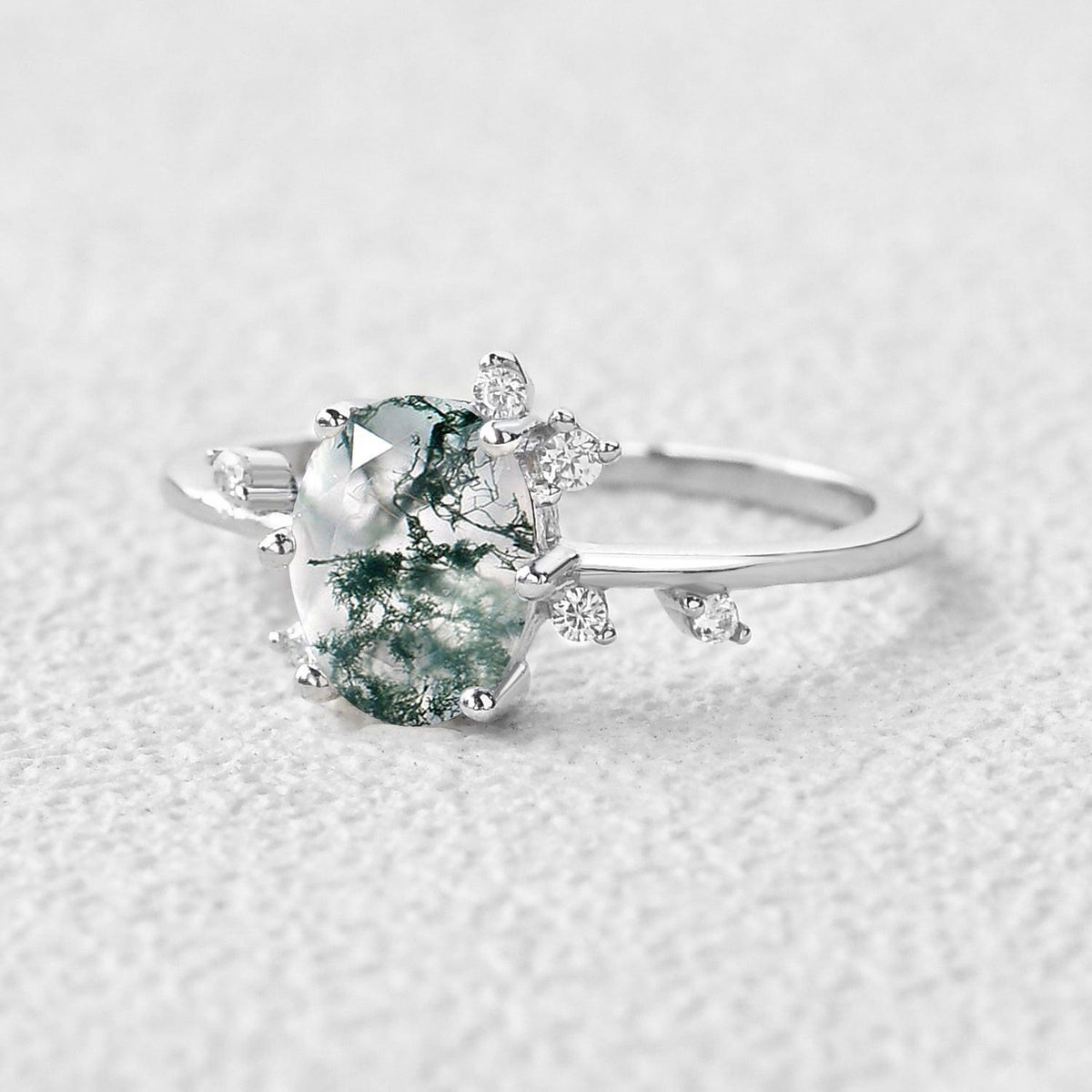 Elara’s Dew | Classic Oval Moss Agate Engagement Ring.