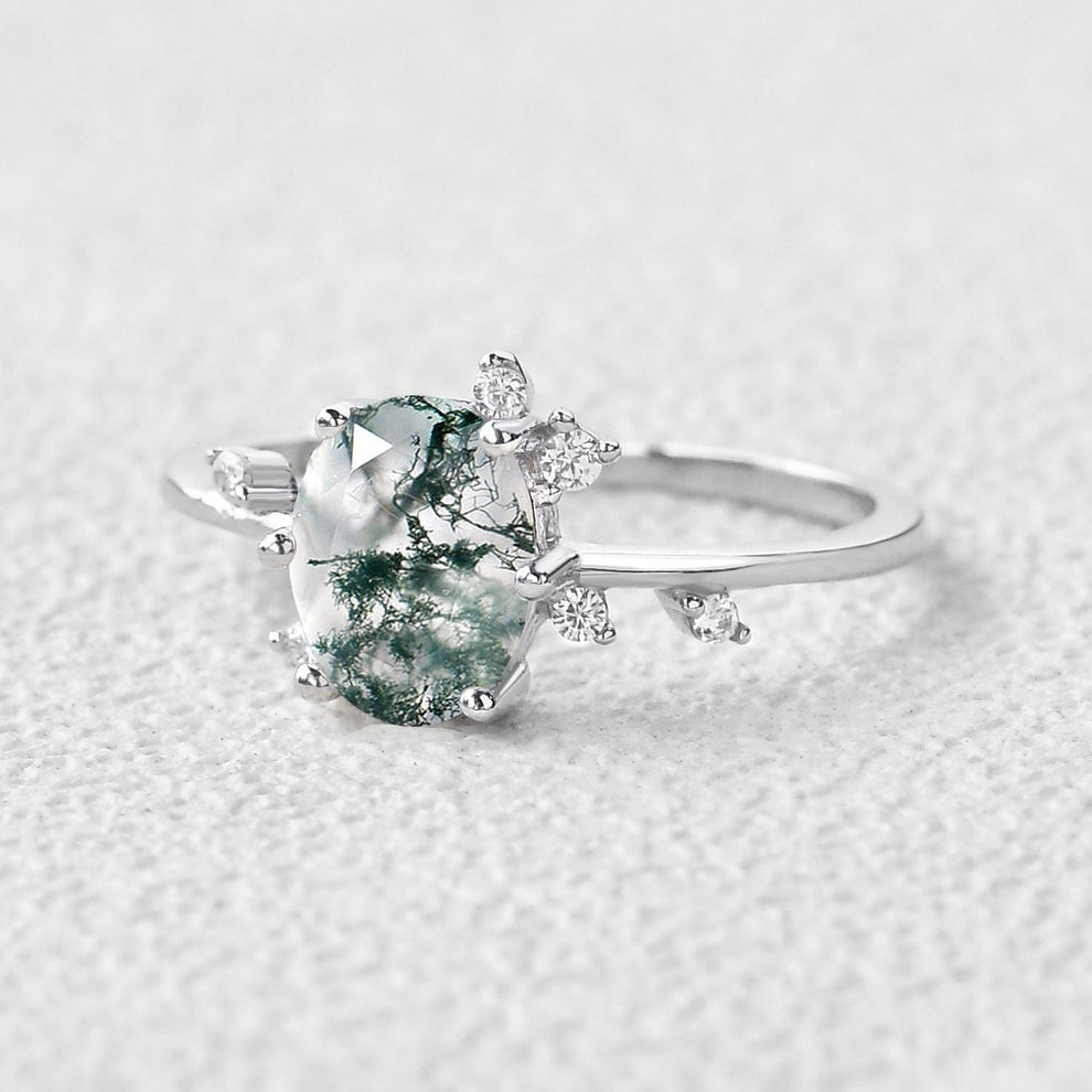 Elara’s Dew | Classic Oval Moss Agate Engagement Ring.