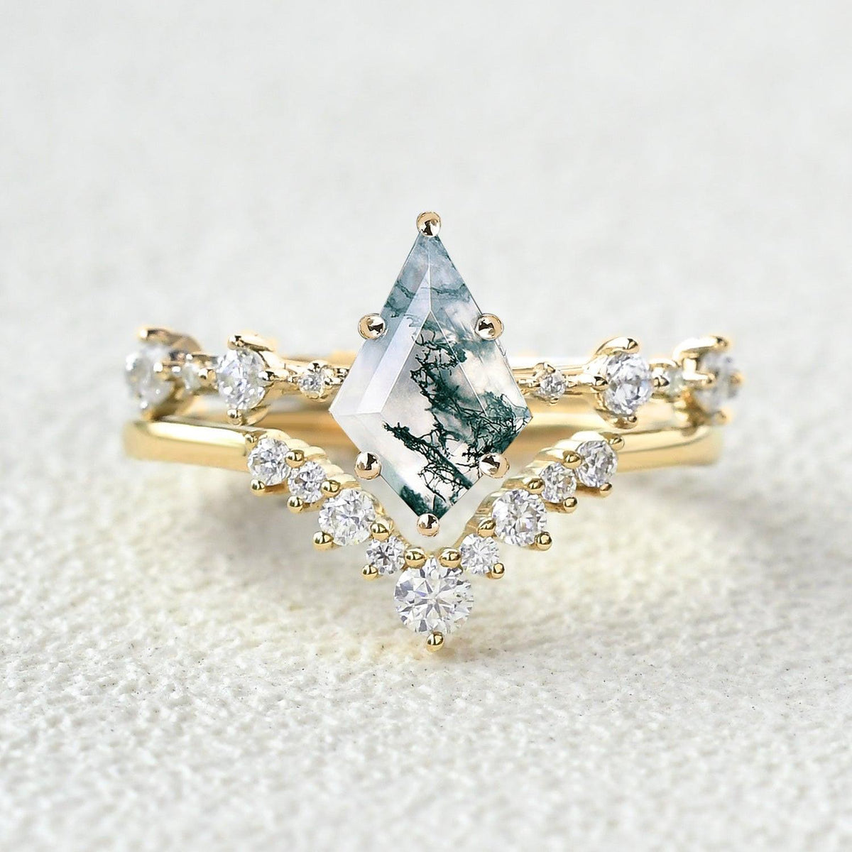 Green Moss Agate Kite Engagement Ring Sets 2pcs.