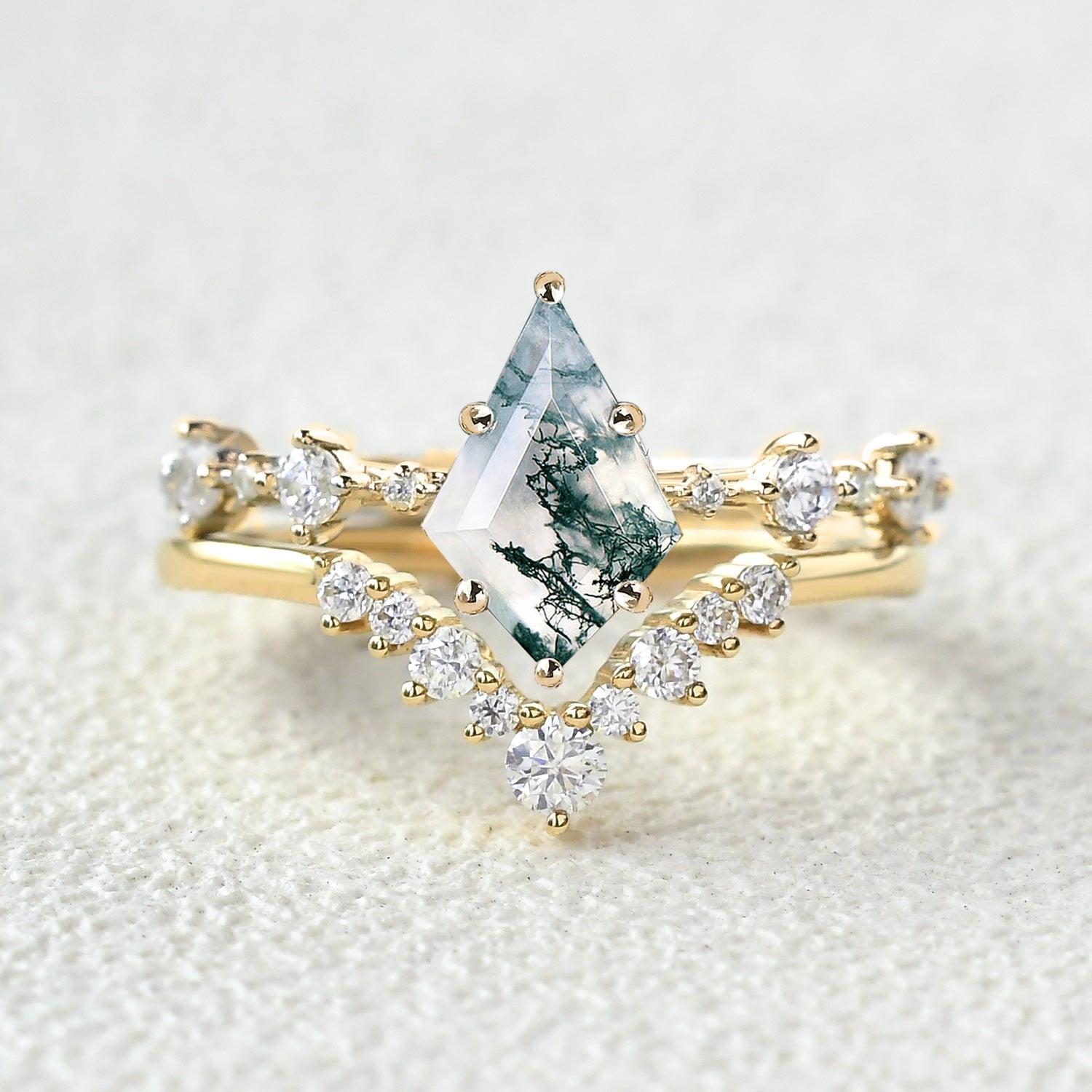 Green Moss Agate Kite Engagement Ring Sets 2pcs.