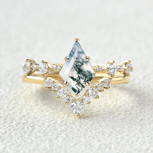 Green Moss Agate Kite Engagement Ring Sets 2pcs.