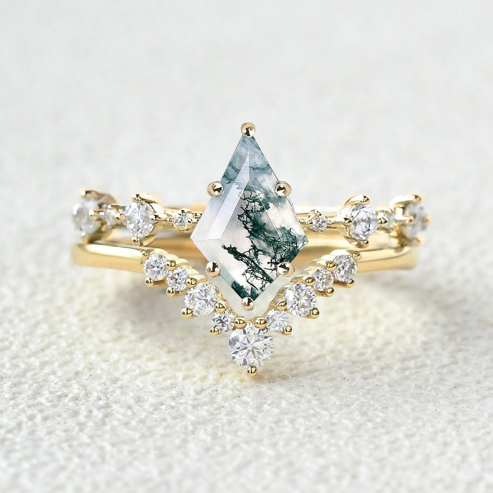 Green Moss Agate Kite Engagement Ring Sets 2pcs.