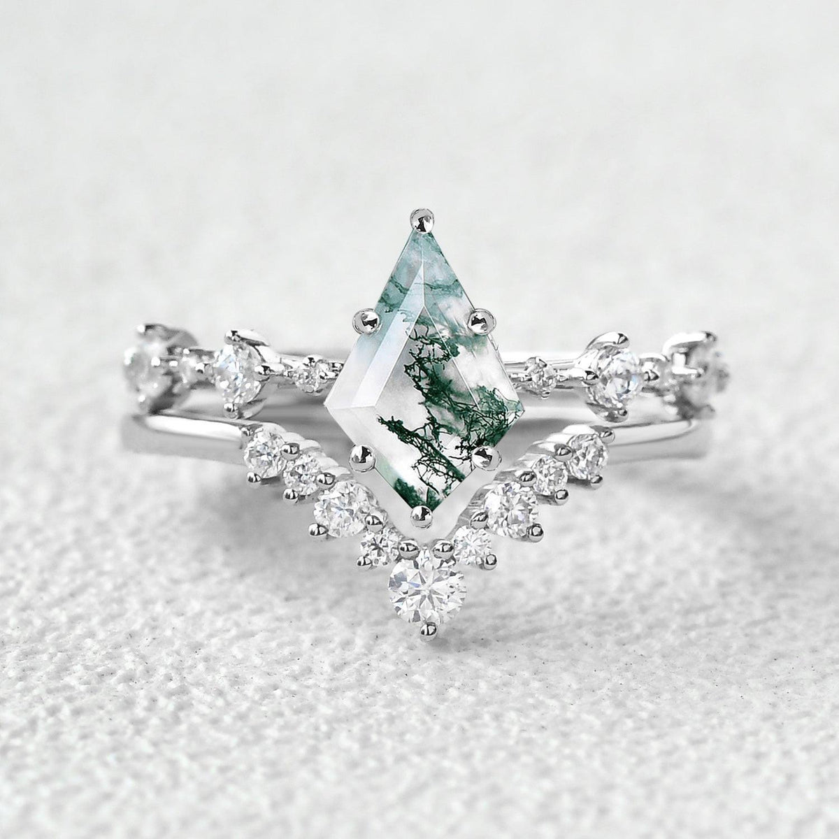 Green Moss Agate Kite Engagement Ring Sets 2pcs.